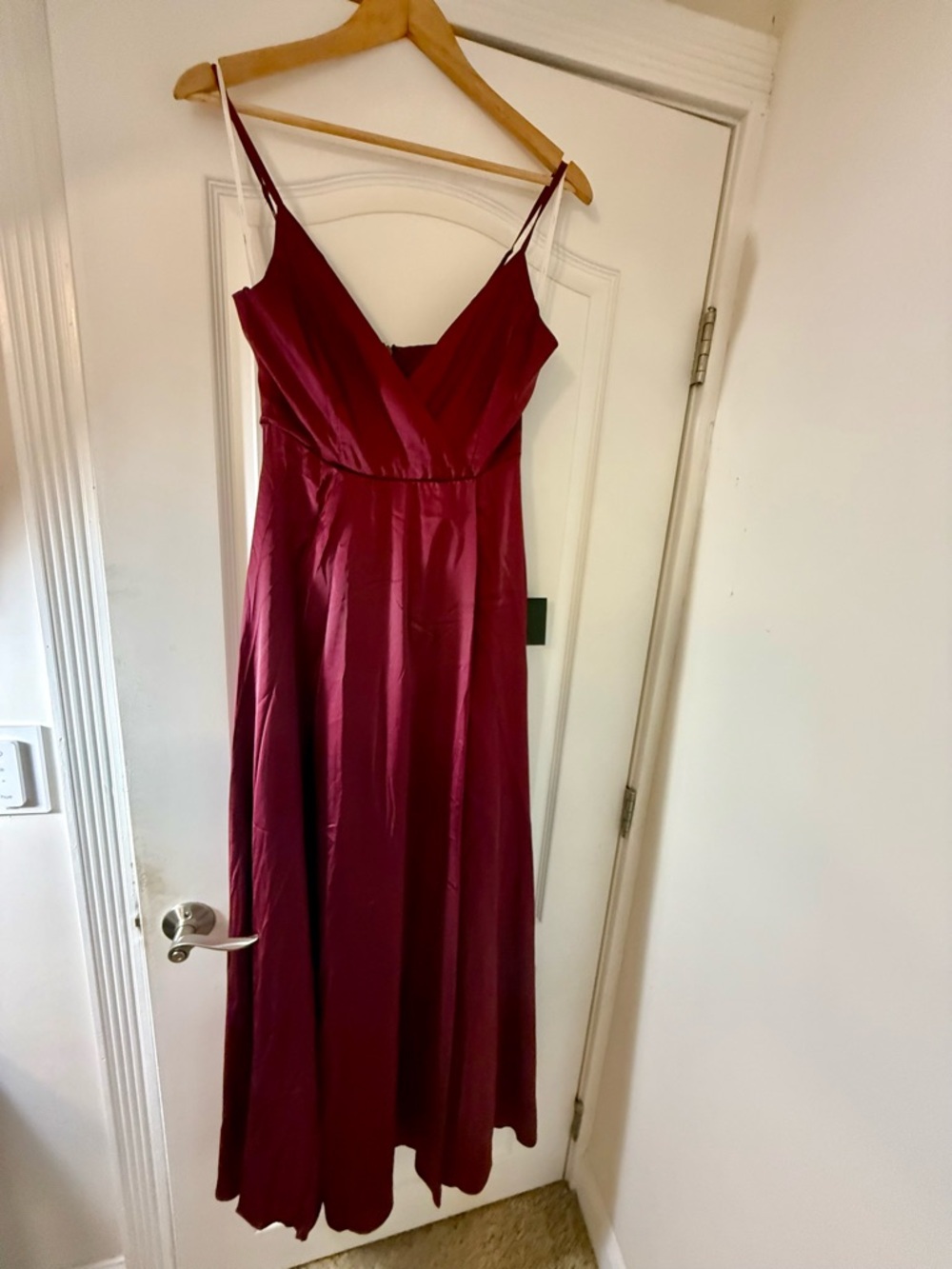 Lulu's Wine Satin V-Neck Spaghetti Strap Dress